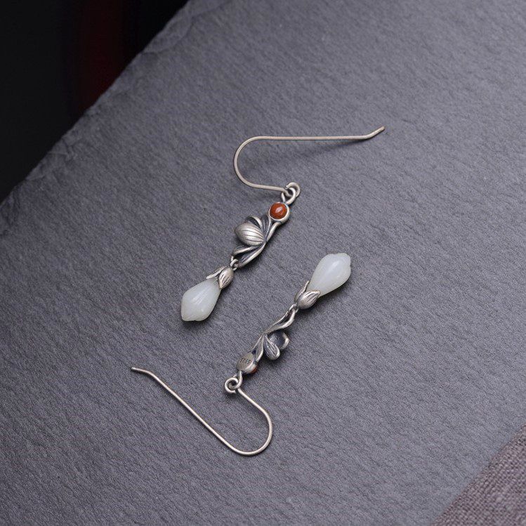 S925 galactic Retro Women's Fashion Retro Lotus Hetian Jade Orchid Thai galactic Earring