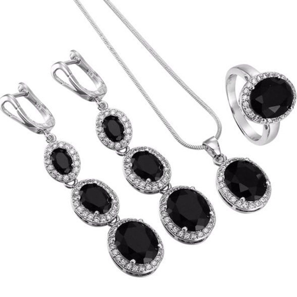Elegant Women Round Rhinestone Pendant Chain Neckle Earrings Ring Jewelry Set