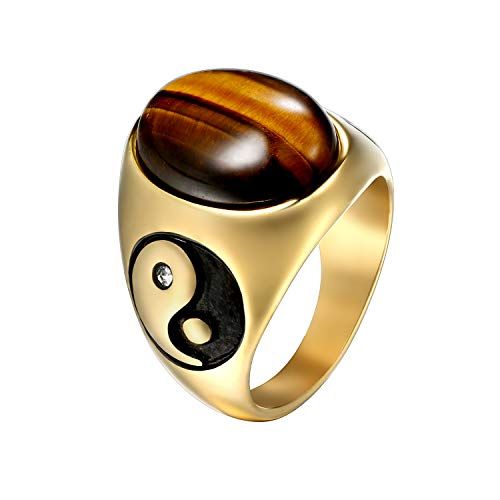 Men's Classic Vintage Stainless Steel Carved Flower Pattern Oval Tiger Eye Gemstone Rings