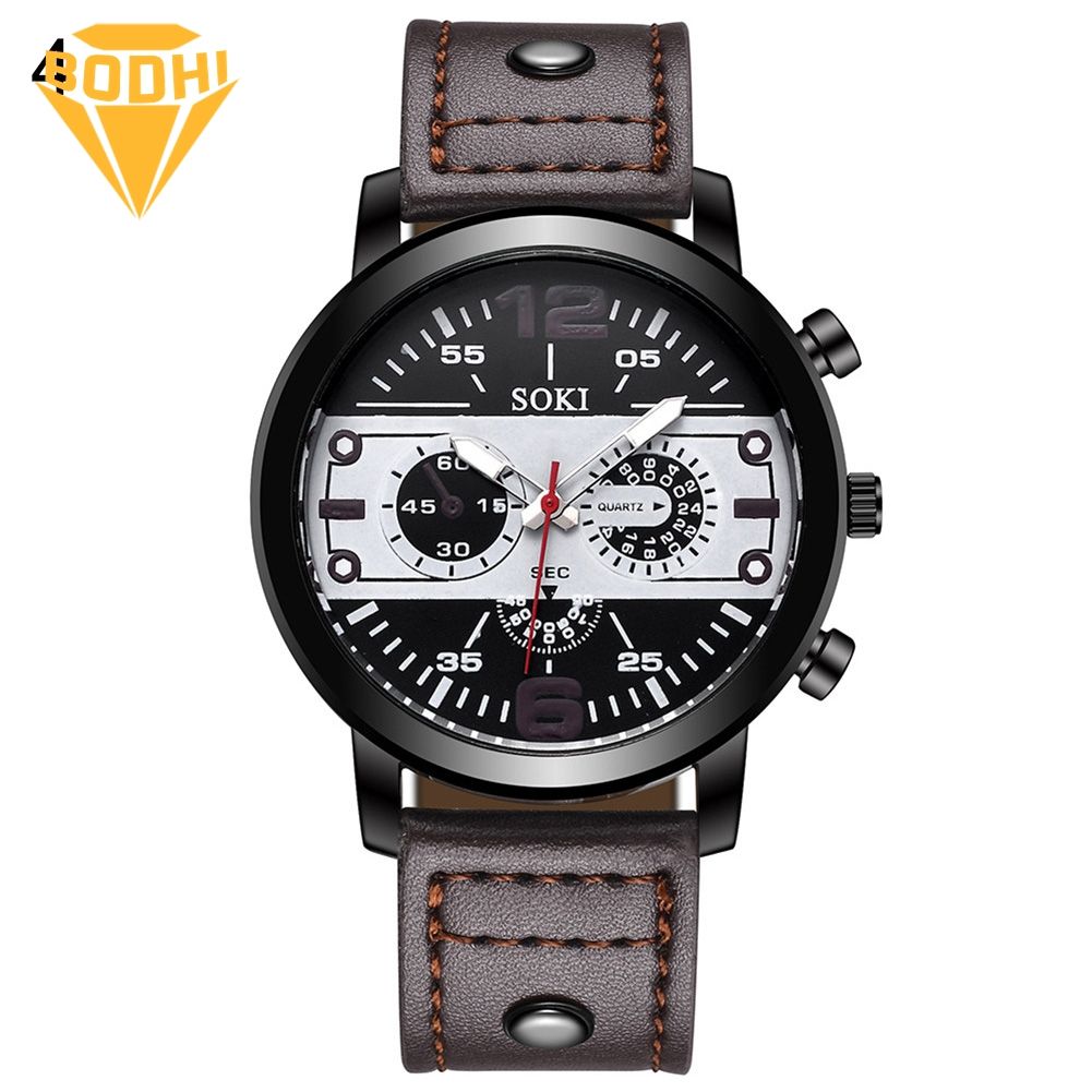 BODHI Sport Men 6 Hands Round Dial Faux Leather Strap Analog Quartz Wrist Watch Gift