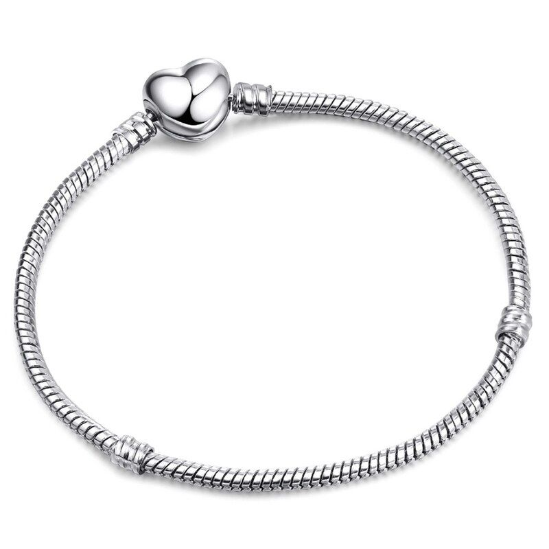 Octbyna Cubic Zirconia Heart Shape Clasp Retro Silver Color Snake Chain Charm Bracelet Bracelets For Women Girl Jewelry Making