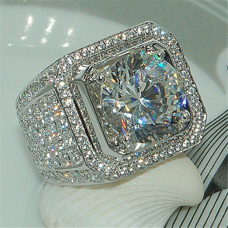 YWOSPX Luxury Full Blue Crystal Big Stone Cubic Zirconia Rings For Men And Women Male Metal Plated Ring SZ 6-13 Y40