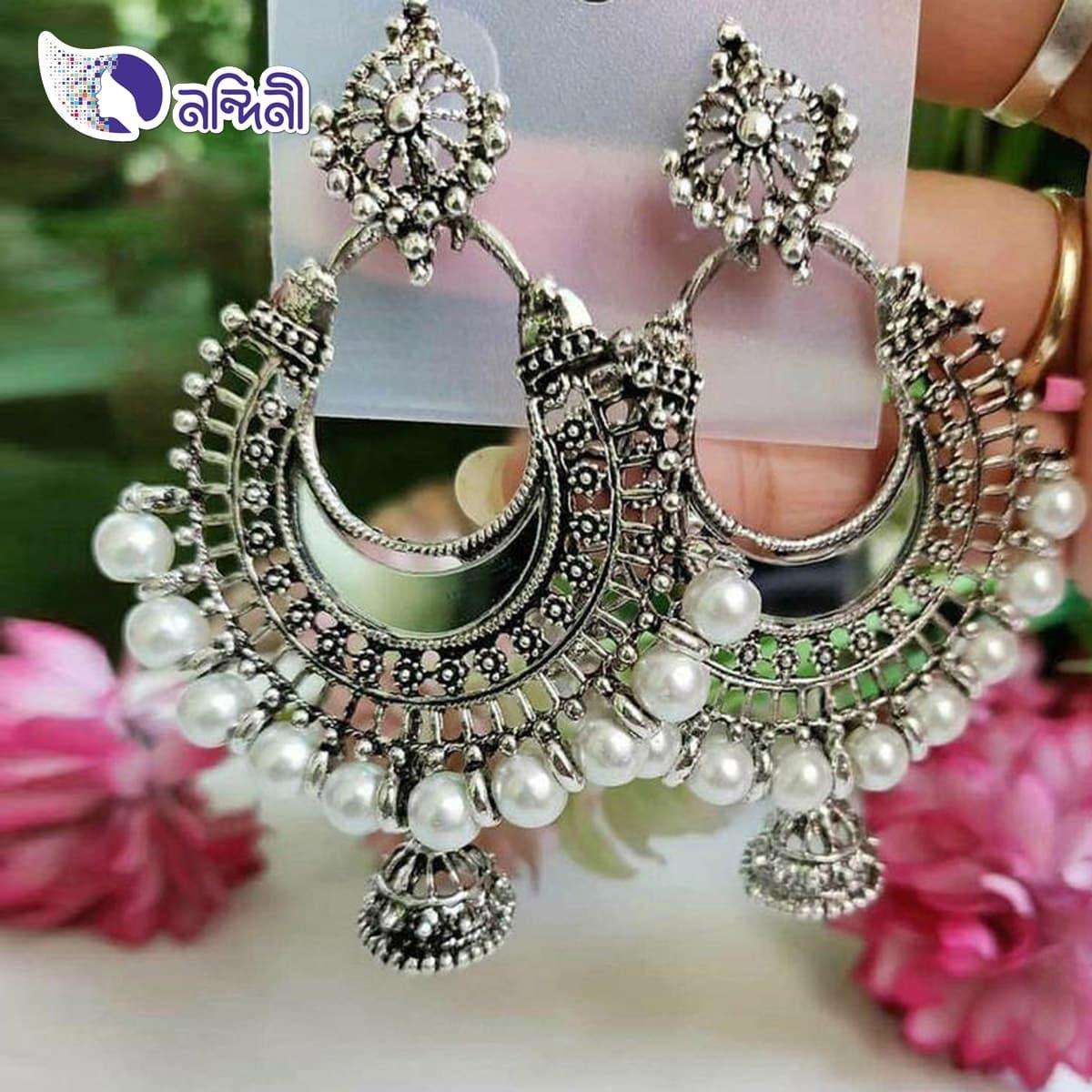 Mirror & Pearl Setting Silver Metal Earring For Women