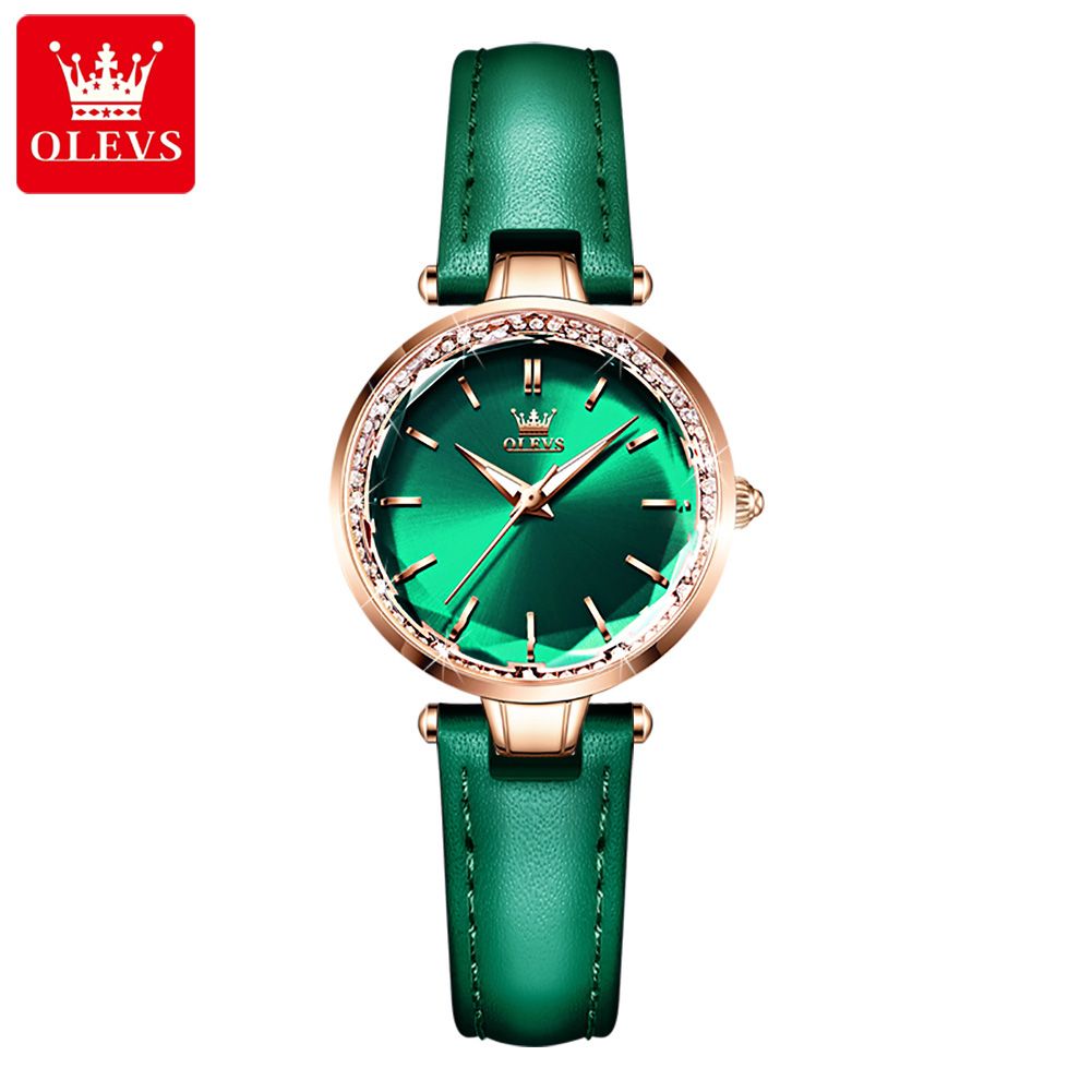 OLEVS Luxury Diamond-Studded Quartz Watch For Women Elegant Temperament Leather Strap Waterproof Wristwatch - 6645