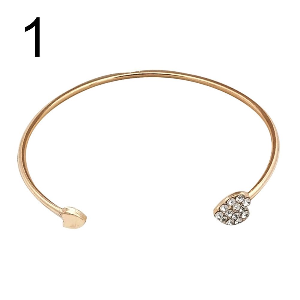 Women Chic Adjustable Rhinestone Inlaid Love Heart Cuff Open Bracelet Bangle