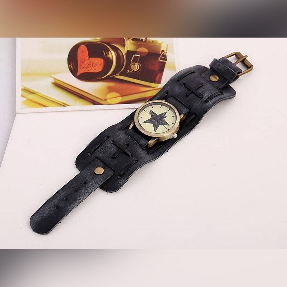 【BestGO】Men Punk Classical Shape Dial Retro Handmade Leather Bracelet Watch Star