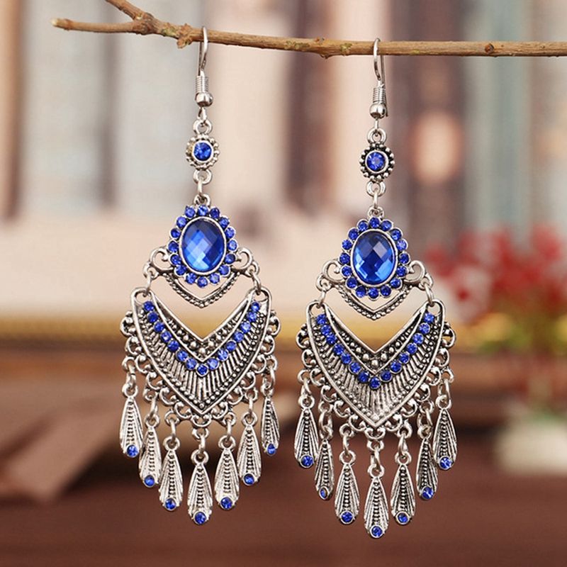 New Trendy Bohemian Vintage Drop Earrings for Girls 2022 Trend Ethnic Style Antique Silver Color Alloy Rhinestone Water Drop Dangle Jhumka Earrings for Women Stylish/ Earring for Women Simple Fashion