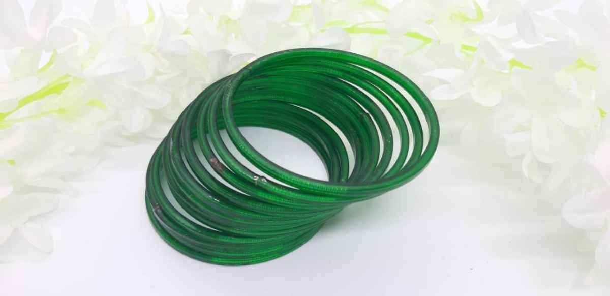 Green Color Plain Reshmi Churi (12pcs) ( Kacher Churi ) For Women