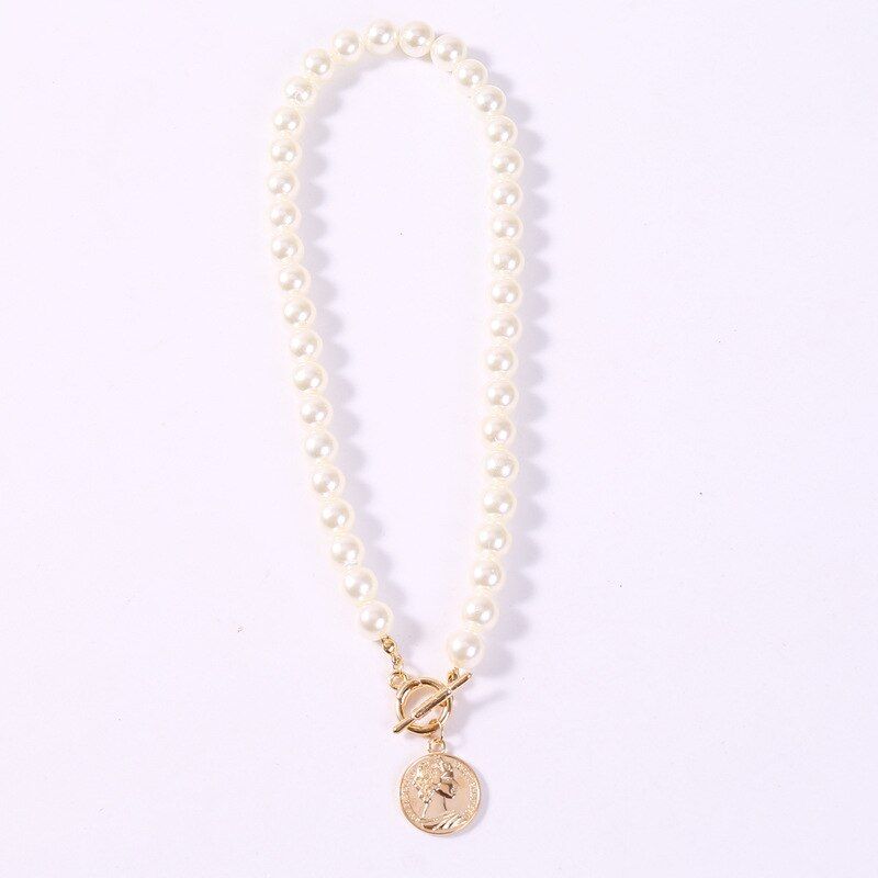 Gold Color Coins Chains Pearl Necklaces Geometric Crystal Pendants Necklaces For Women Beads Choker Bijoux(null)