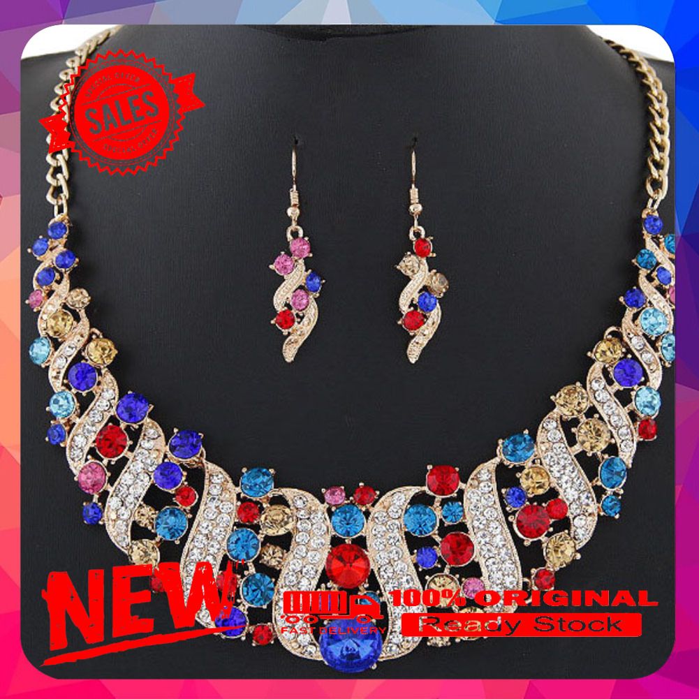 Rhinestone Inlaid Chain Necklace Hook Earrings Bridal Wedding Party Jewelry Set
