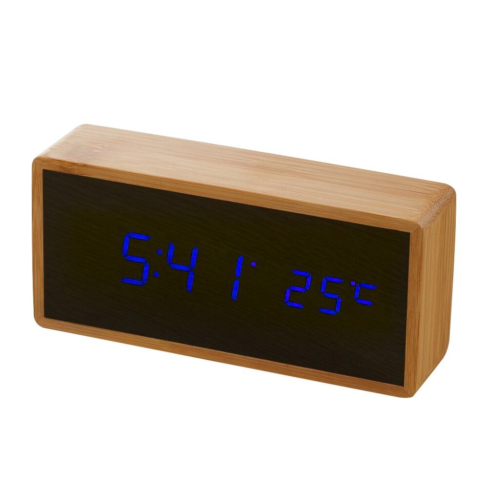 Digital LED Bamboo Alarm Clock Wooden Rectangle Clock Multifunctional Noiseless Mirror Clock