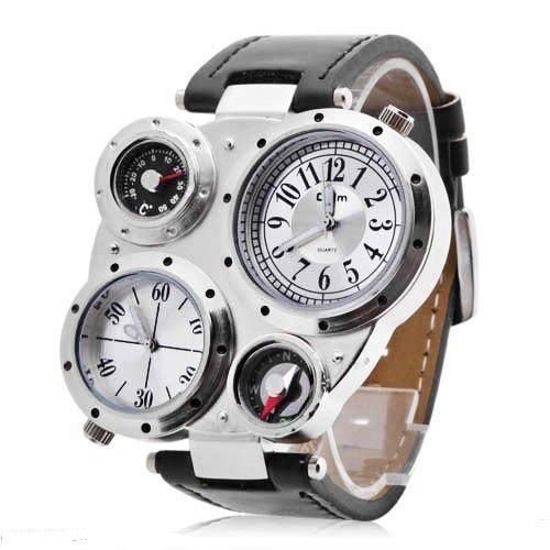 Dual Time Zones Movements Quartz Watch Leather Sports Mens