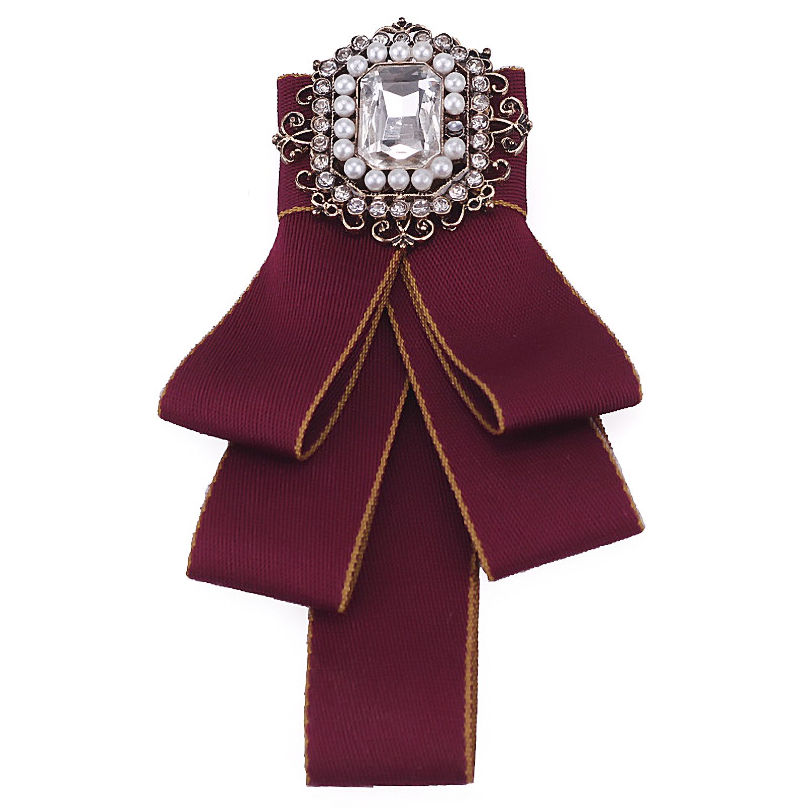 Women Elegant Wedding Party Bow Rhinestone Lint Pre Tied Neck Tie Brooch Pin