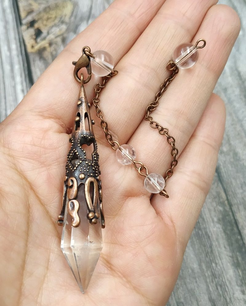 YA4068 Antique Bronze Cap Natural Quartz Stone Point Healing Pendulum Chain(null)