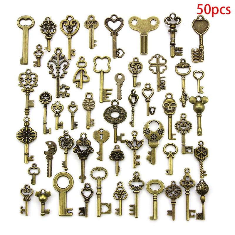 50PCS DIY Mixed Vintage Key Charms Pendant Steampunk Bronze Jewelry Findings