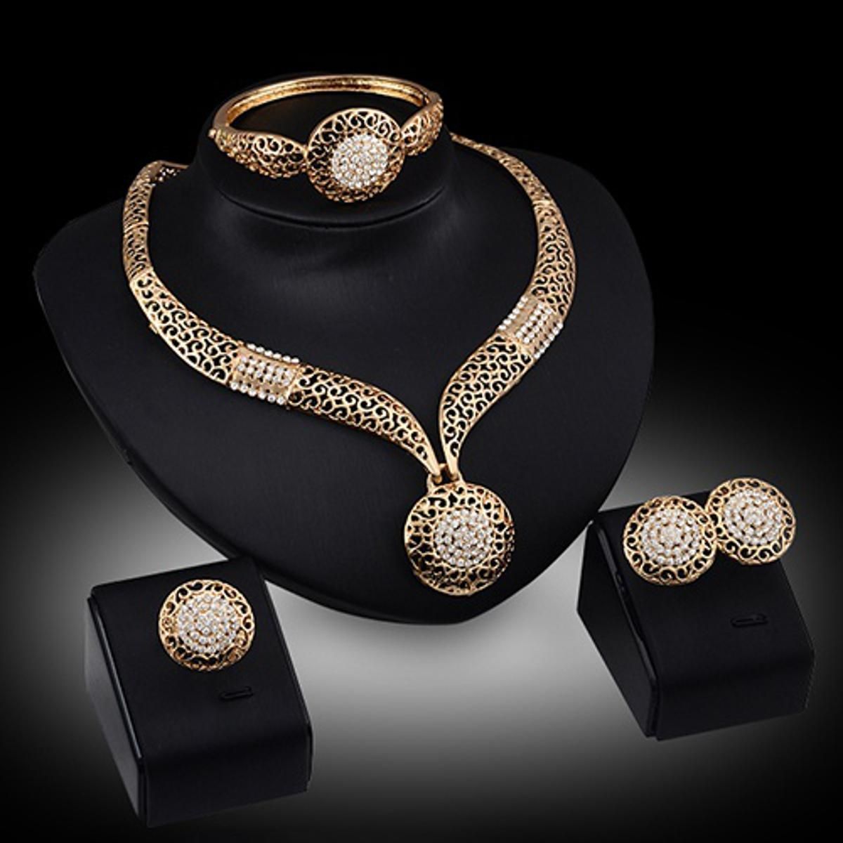 Women Banquet Wedding Party Hollow Rhinestone Necklace Bracelet Ring Earrings Set