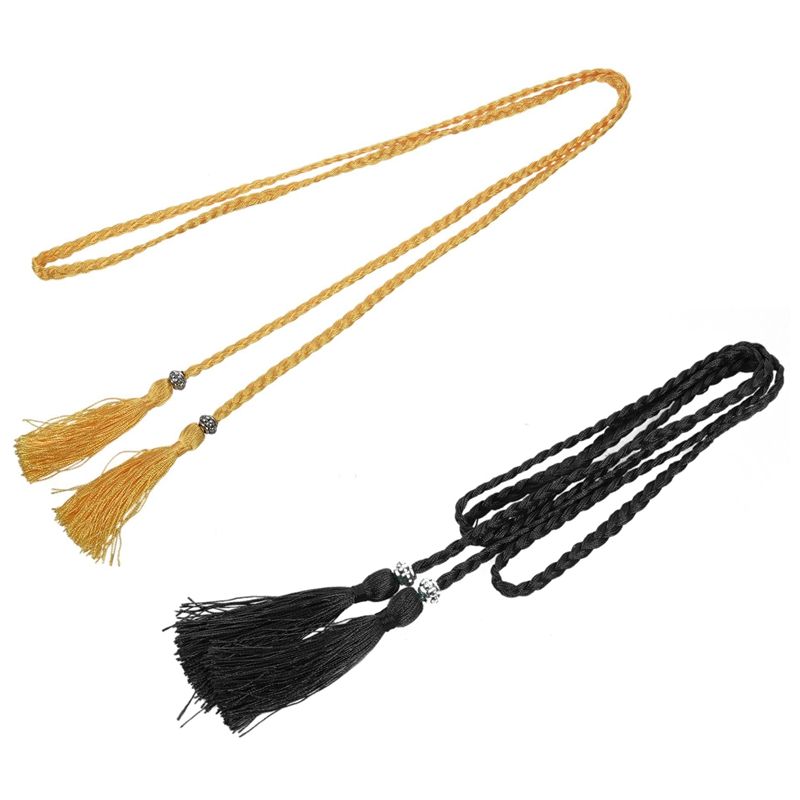 2 Pcs Woven Tassel Belt Knot Decorated Waist Chain Waist Rope  & Black