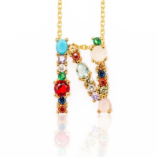 Gold Color Initial Multicolor CZ Necklace Colourful Letter Necklace Name Jewelry For Women Accessories Girlfriend Gift