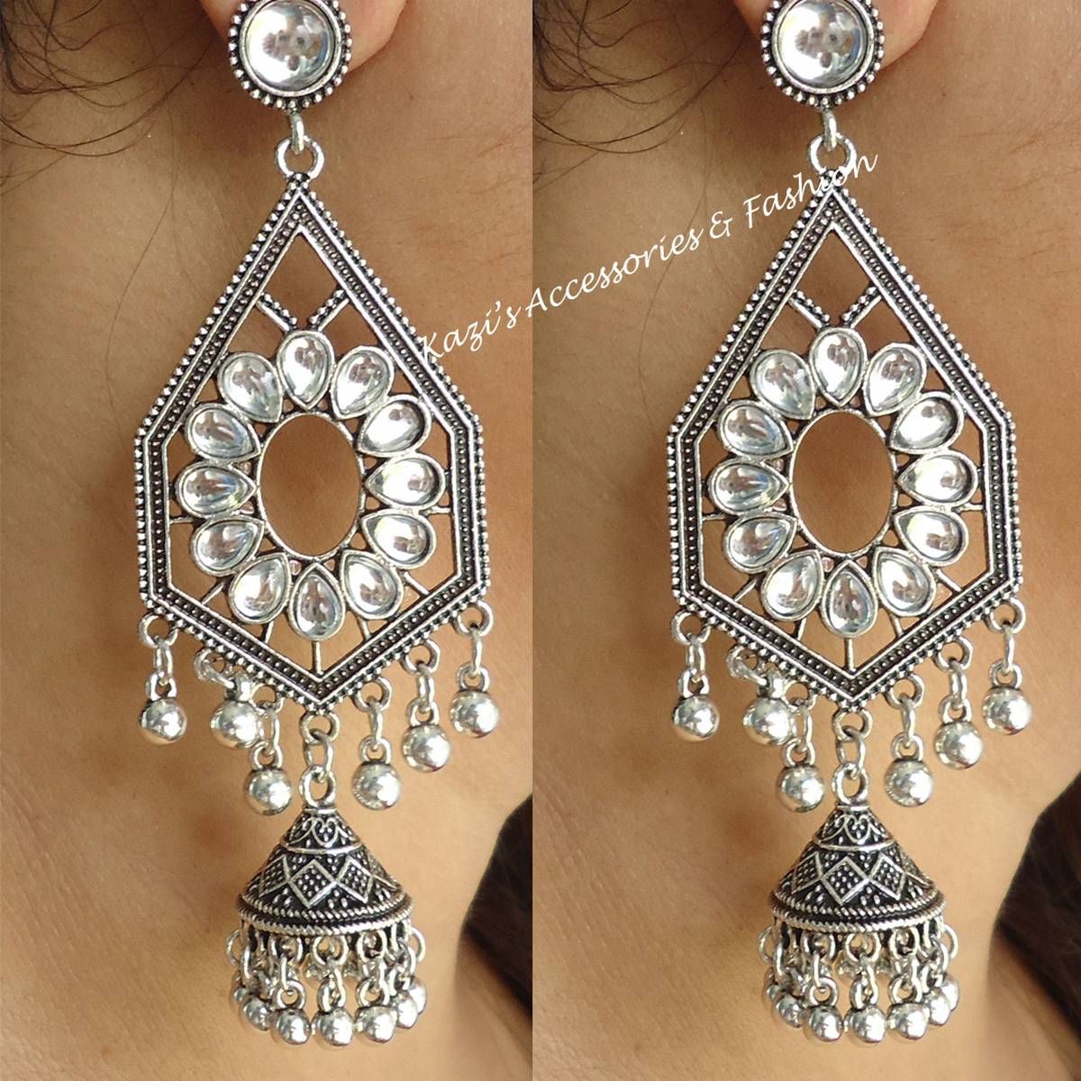 Fashionable Drop Earrings Oxidized Ethnic Imitation Mini Jhumka with Lock Stone for Women and Girl.