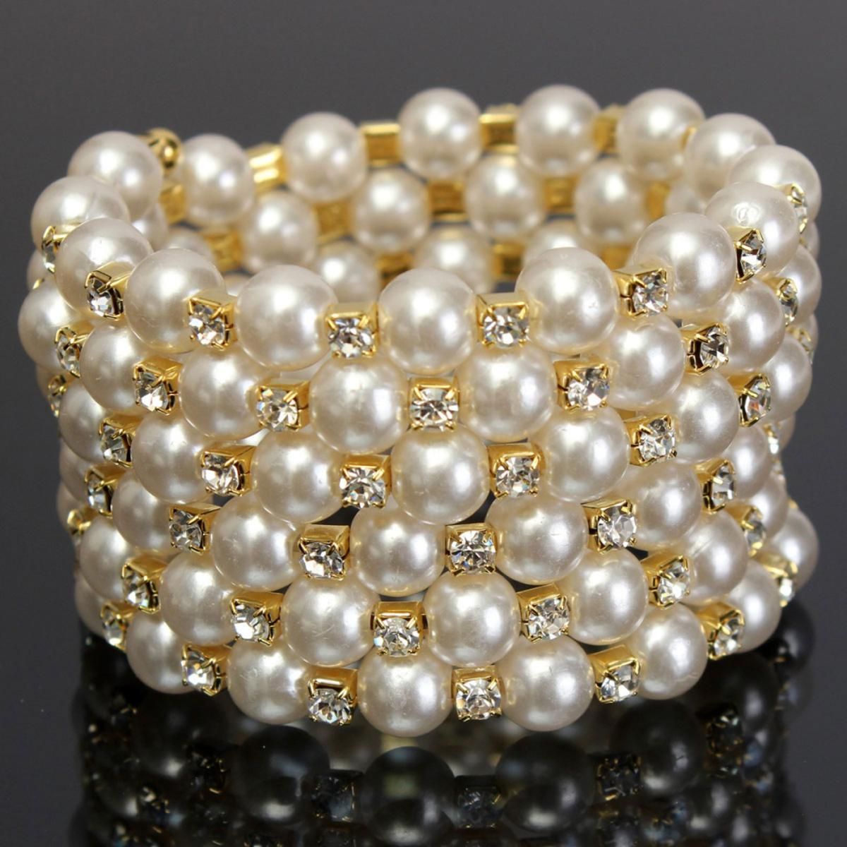Fashion New Style Pearl Rhinestone Accessories Cuff Bangle Wedding Bridal Wristband Bracelet - Glod-6 Row