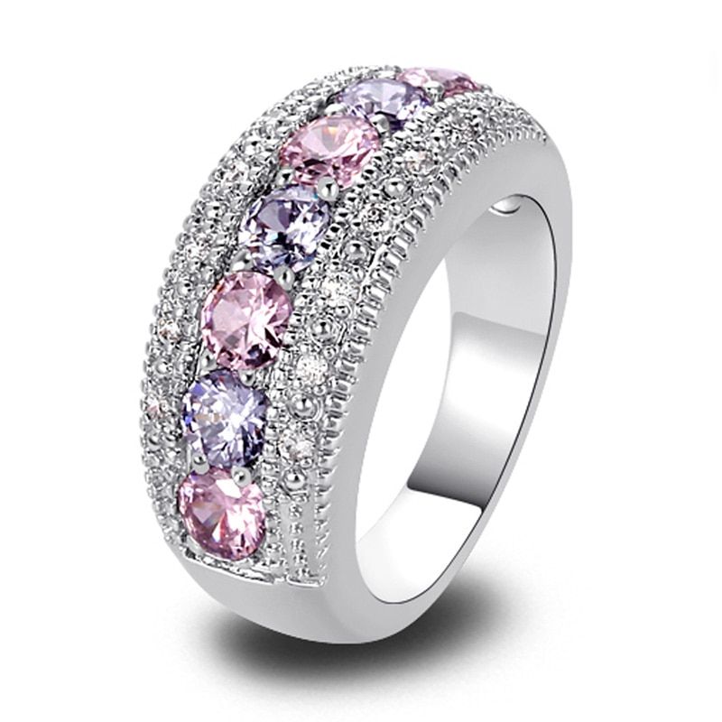 lingmei DropShippng Generous Fashion Lady Pink Cubic Zircon Tourmaline Silver Color Ring Size 6-10 11 12 13 Romantic Jewelry