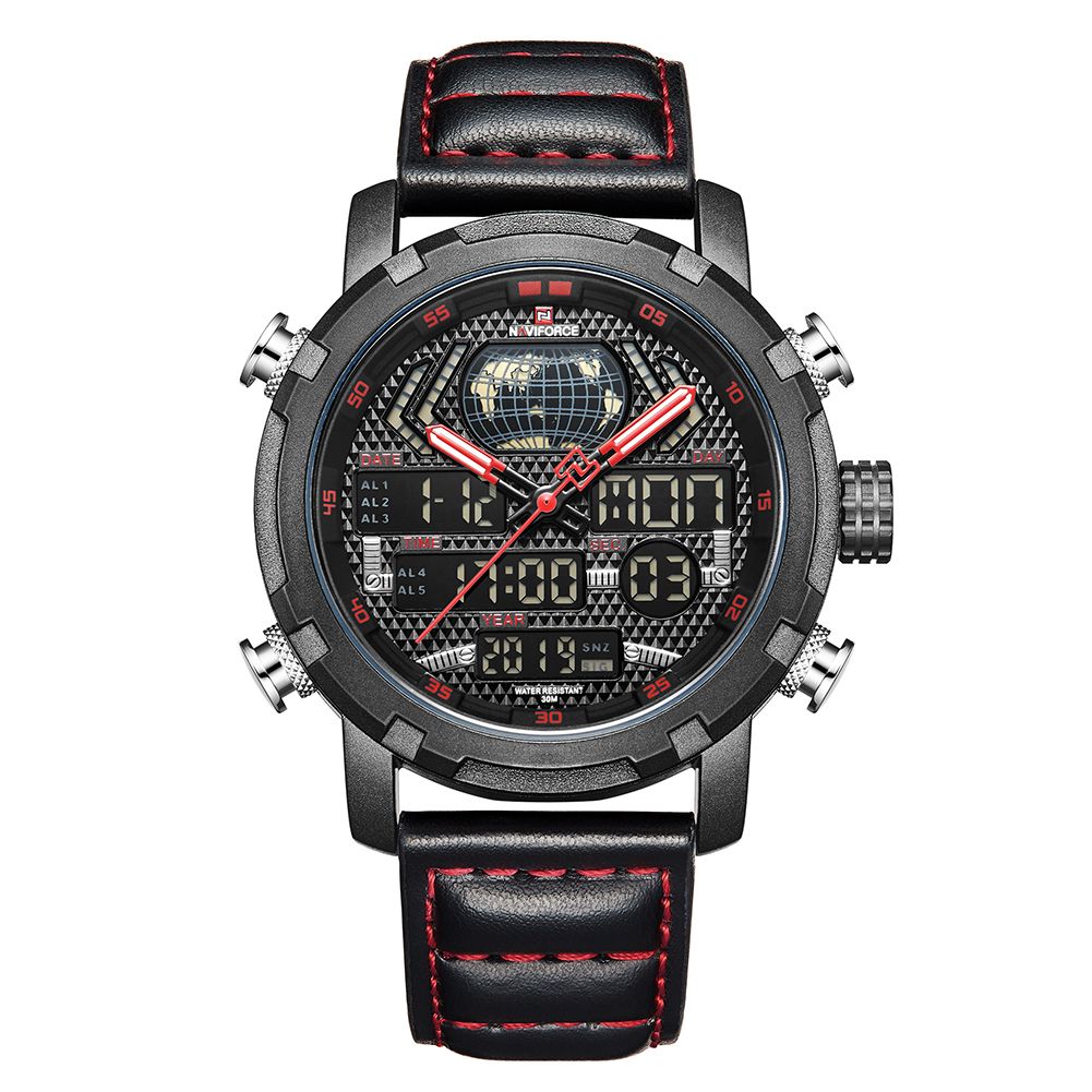 Naviforce Men Quartz Digital Watch Year Month Week Date Waterproof Leather Strap Sports Wristwatch