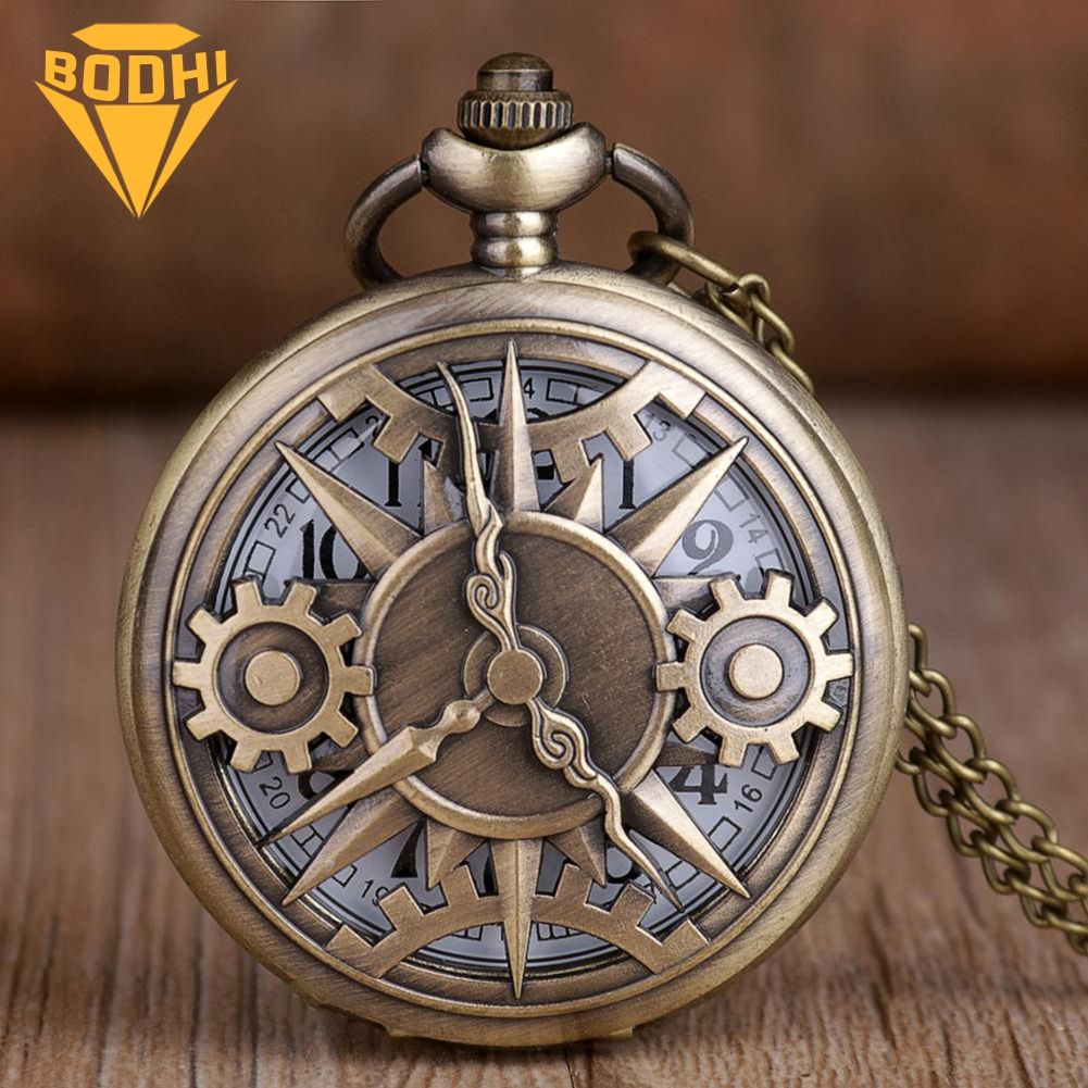 BODHI Vintage Unisex Hollow Gear Arabic Number Quartz Pocket Watch Pendant Necklace