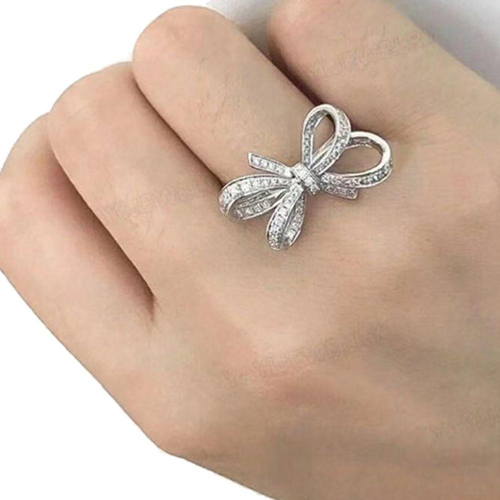 Elegant Women Cubic Zirconia Inlaid Bow Finger Ring Wedding Party Jewelry Gift