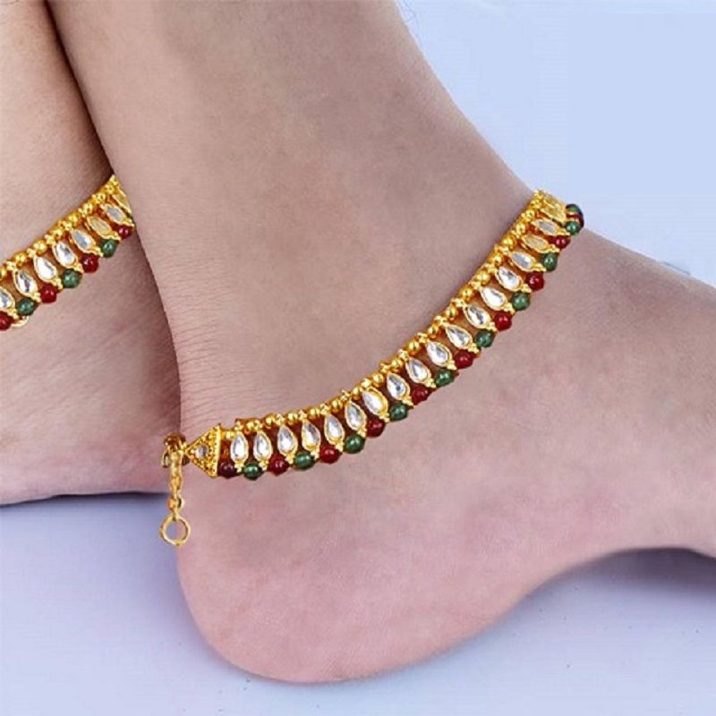 New Stone Setting with White Bead Golden Metal-Anklet (Payel) for Women multicolour -1-pices