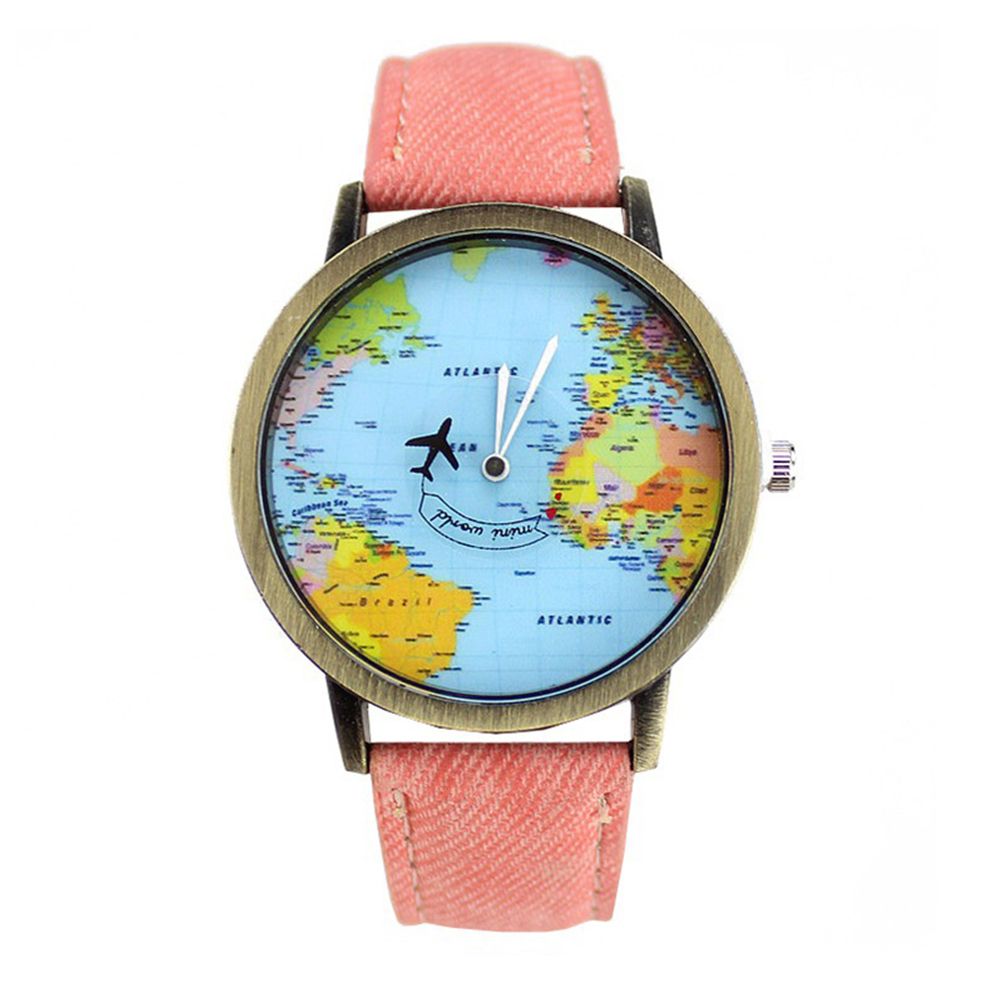 Retro Unisex World Map Faux Leather Strap Round Dial Analog Quartz Wrist Watch