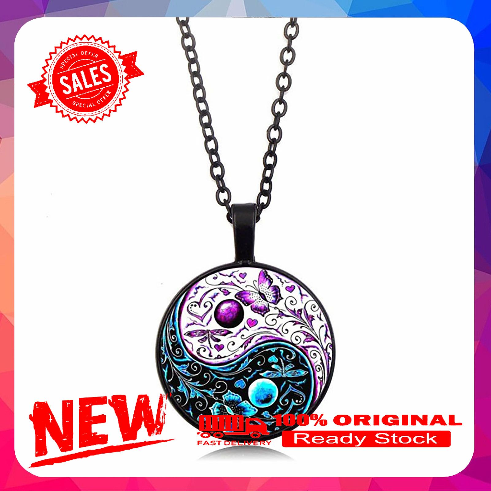 Tai Chi Pendant Unisex Necklace Chinese Style Fashion Jewelry Two-tone Butterflies Pattern Sweater Necklace for Halloween