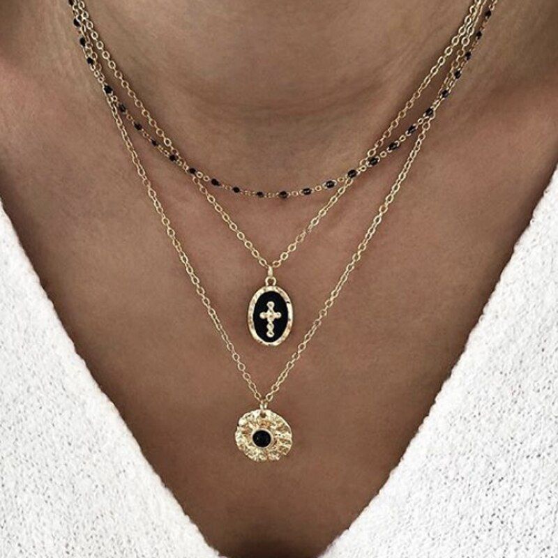 Docona Bohemian Multilayer Cross Pendant Necklace for Women Summer Shell Flowers Wafer Geometry Gold Chain Jewelry Wholesale