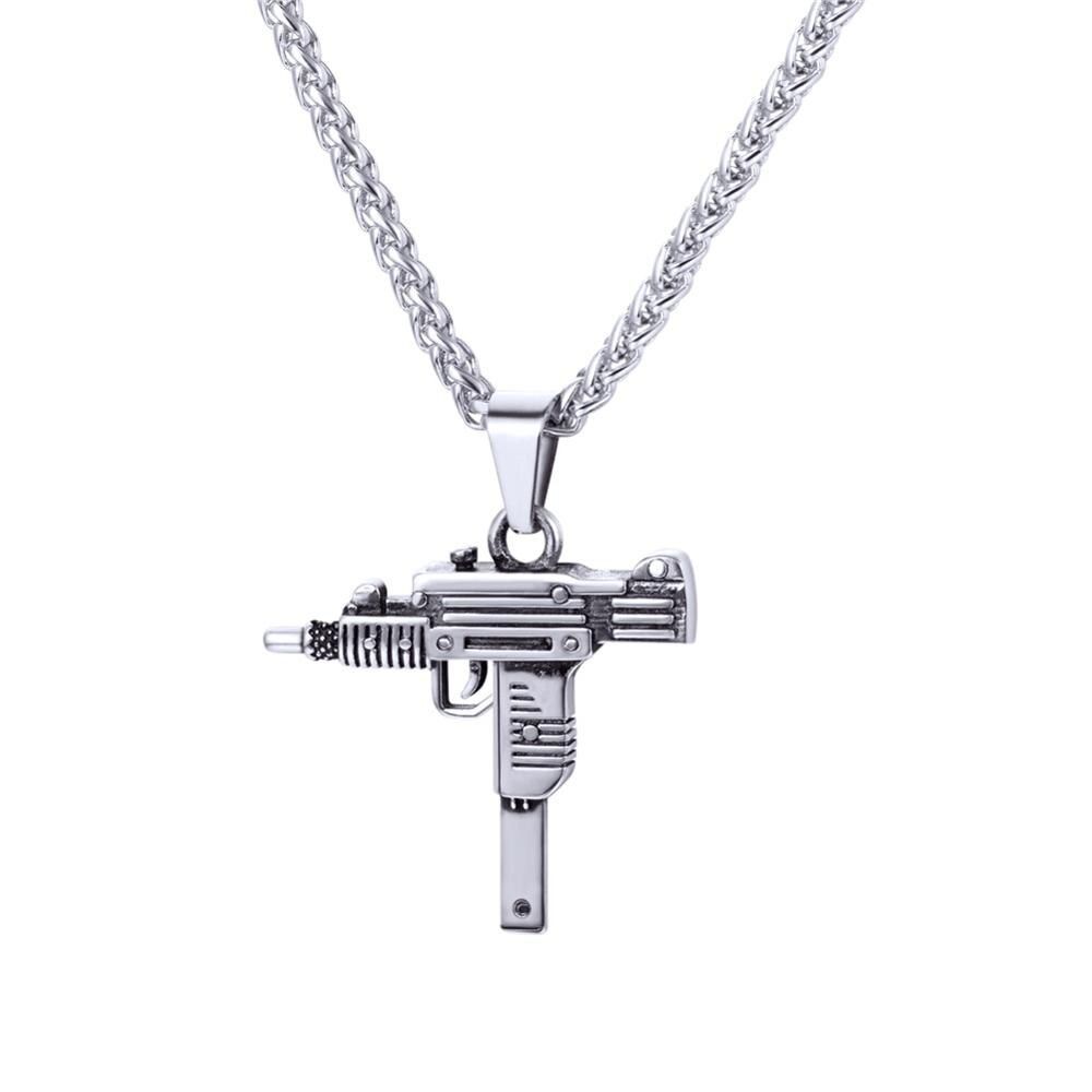 U7 Men Cool UZI Rifle Shape Pendant & Chain 20" Stainless Steel Rock Army Style Necklace Jewelry Gift P1159