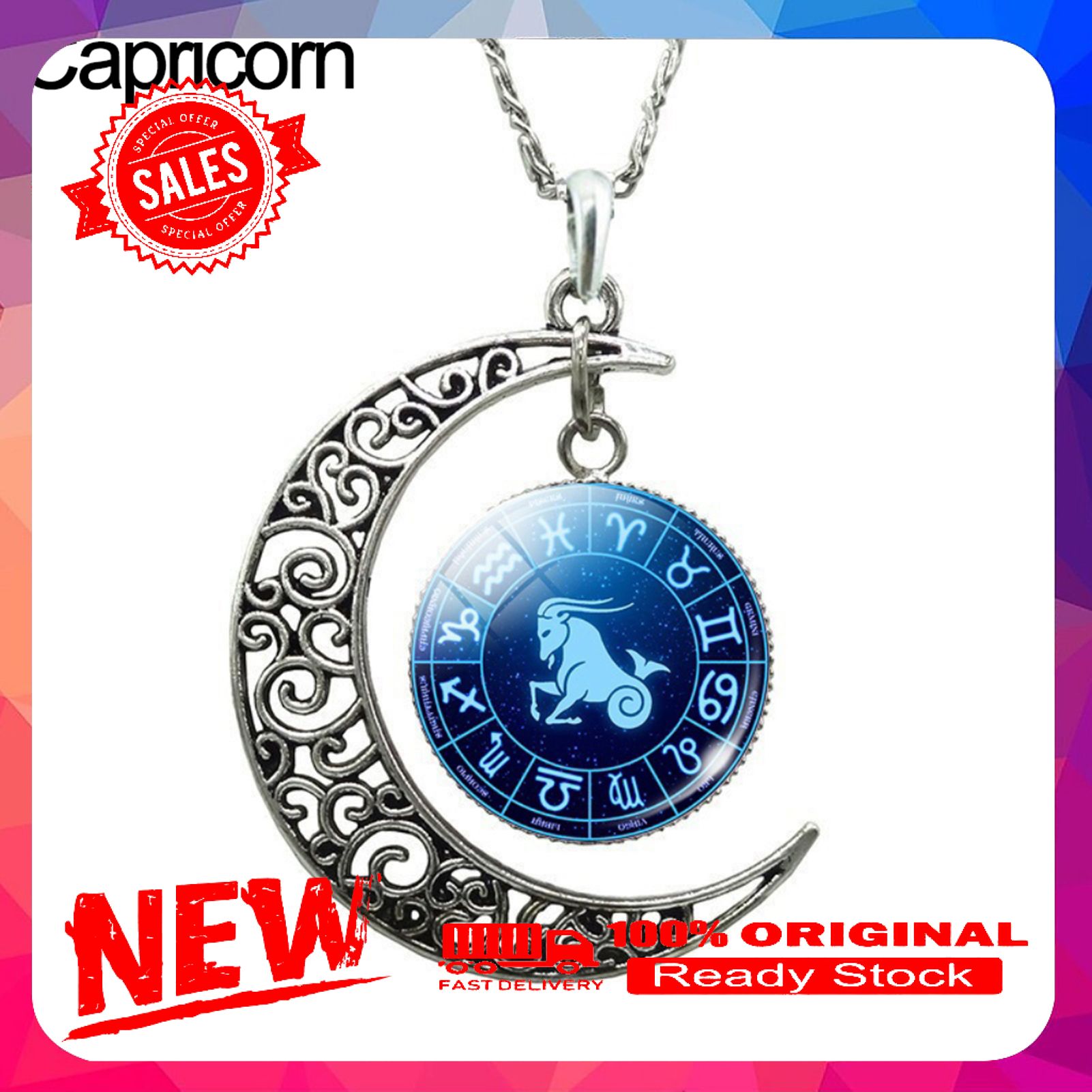 Unisex Faux Gem 12 Constellations Hollow Crescent Moon Chain Necklace Jewelry Gift for Party