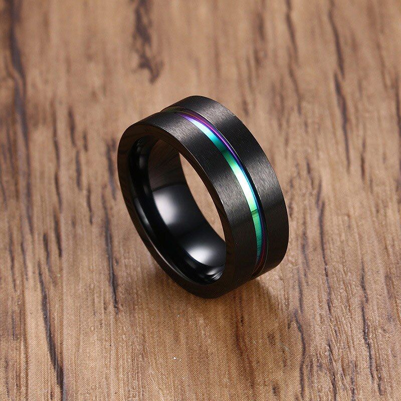 8MM Black Titanium Ring For Men Women Wedding Bands Trendy Rainbow Groove Rings Jewelry USA Size