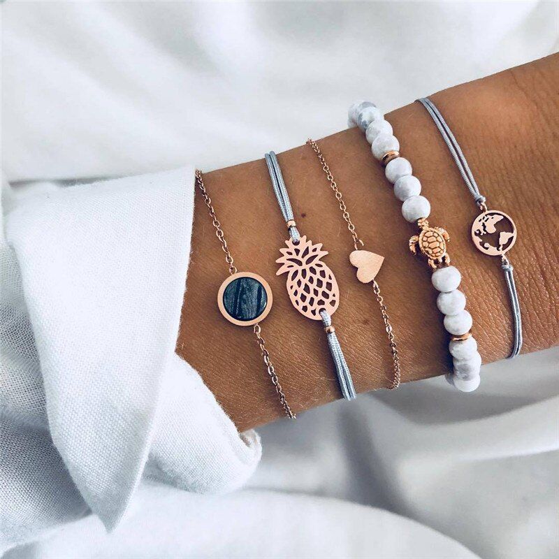 Modyle 2020 Bohemian Marble Stone Beads Bracelet Set For Women Natural Stone Tassel Pendant Bangles Bracelet Femme Jewelry
