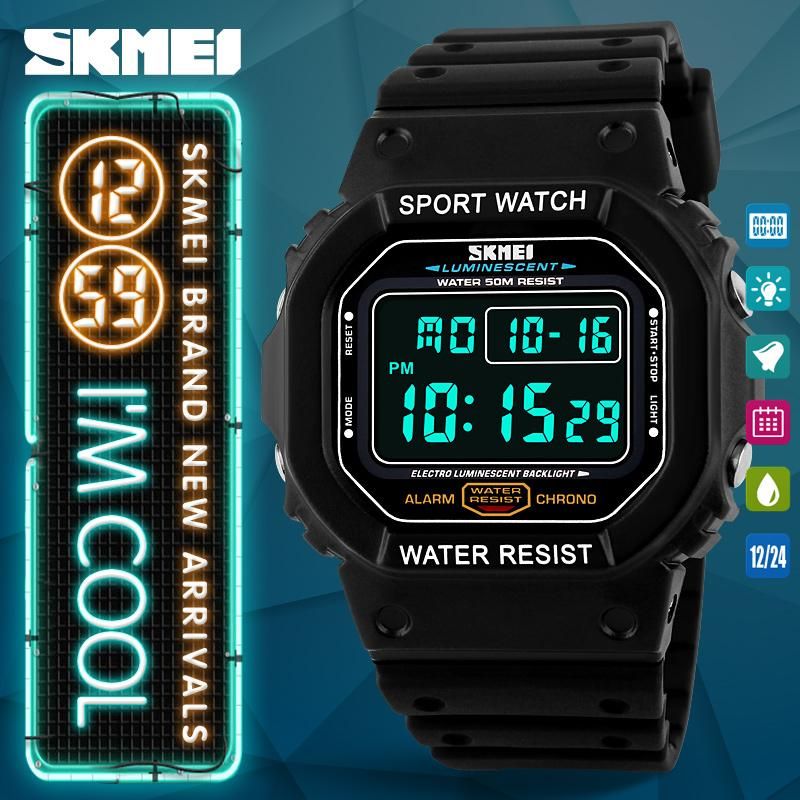 SKMEI 1134 Men Digital Wristwatches 50M Waterproof Alarm Calendar Display Chronograph Outdoor Sports Watches 50m Water Resistant 12/24 Hours Hourly Chime Stopwatch