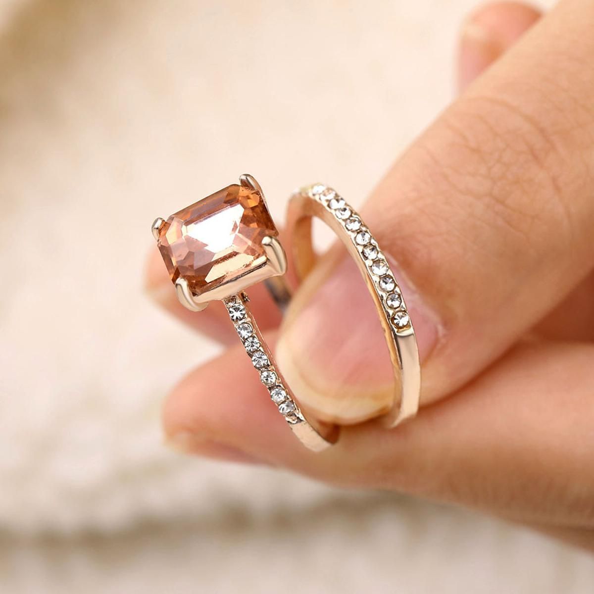 2 Pcs Luxury Crystal Rings Set For Women Fashion Sliver Square Cubic Zirconia Wedding Engagement Rings Ladies Romantic Jewelry