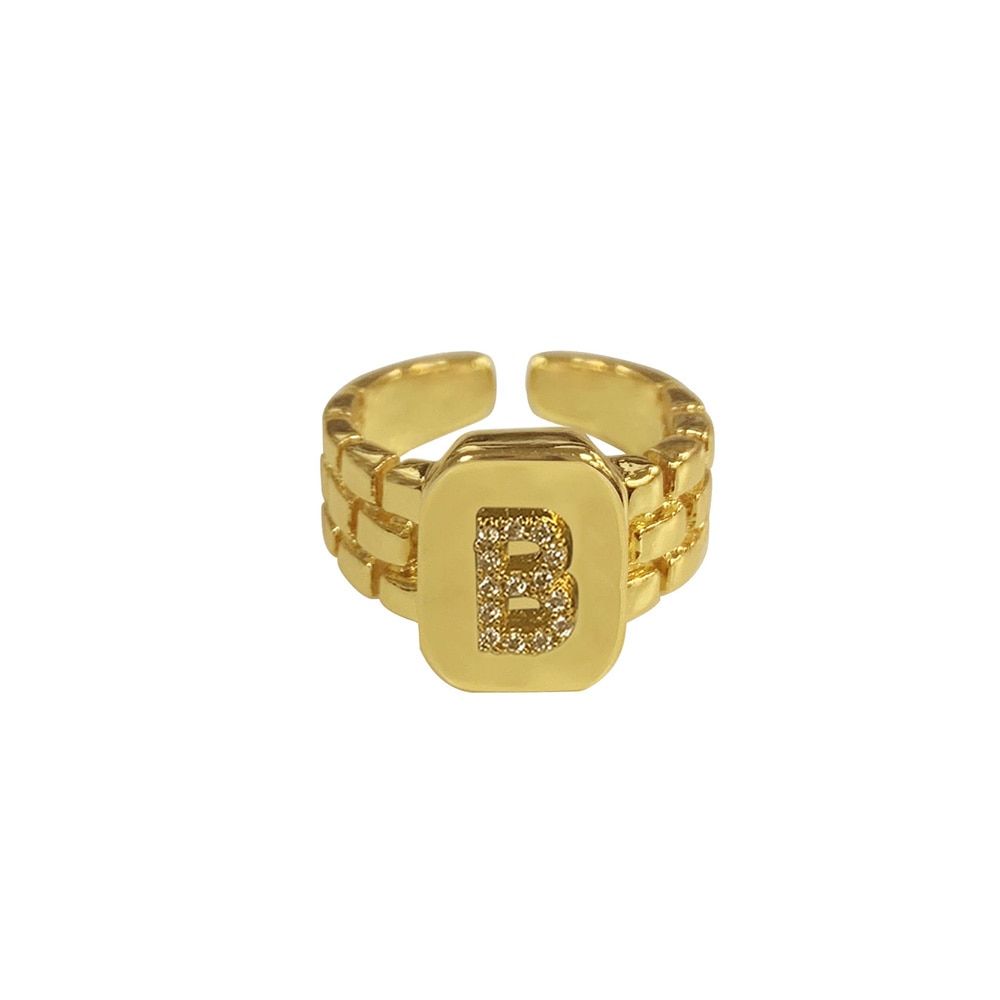 2021 Trendy Hiphop Adjustable 18k Gold Plated AAA Zircon A-Z Letter Ring Watchband Square Statement Gold Initial Rings For Women