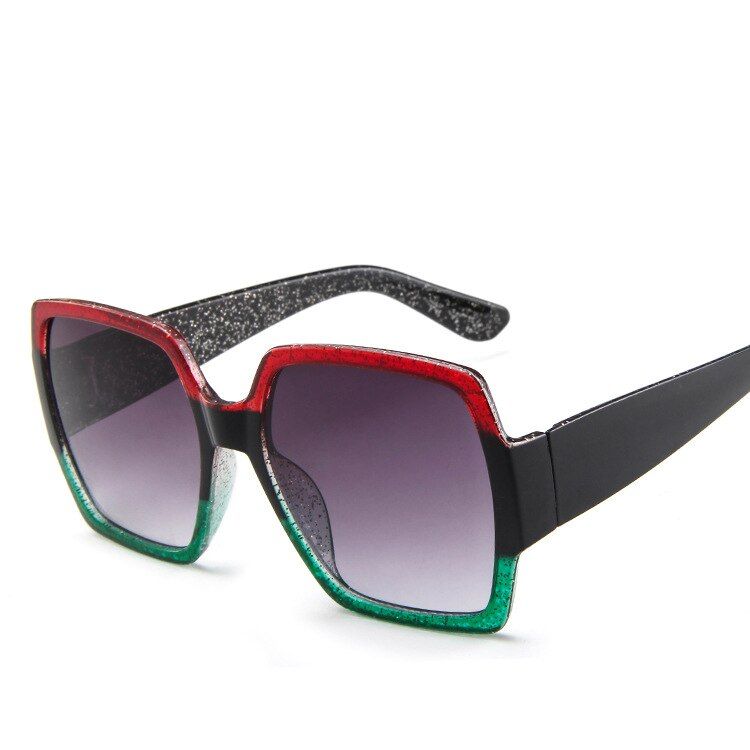 C1Red Green Stripe Brand Designer Oversized Shade for Sunglasses Women Gradient Shining Frame Fashion Retro Noble Female Glasses