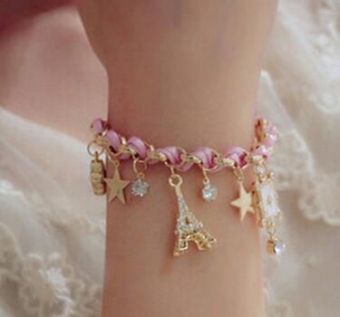 Fashion Trendy Leather Bracelet Jewelry Color Plated Bracelet Eiffel Tower Star Cross Charm Bracelet Bracelet