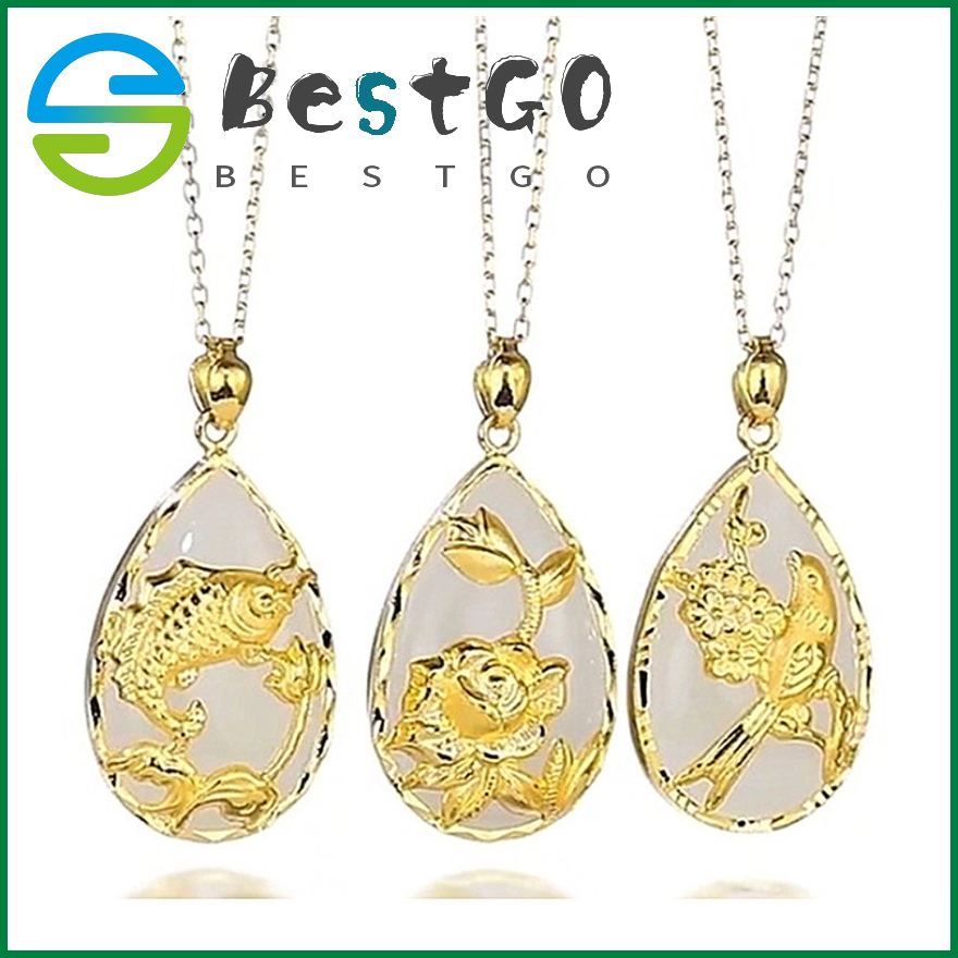 Creative Gold Plated Lotus Hetian Jade Jasper Pendant Inlaid Jasper Inheritance Fish Magpie Bird Jasper Pendant Necklace