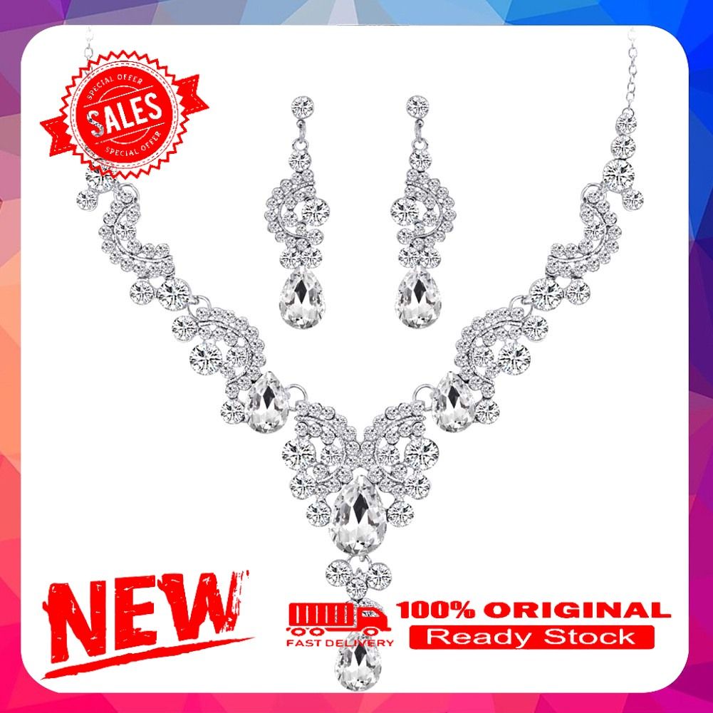 2Pcs/Set Luxury Full Rhinestone Semicircle Charm Bridal Stud Earrings Necklace