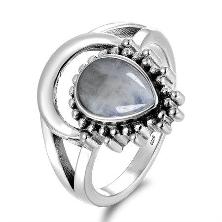 Vintage 925 Silver Jewelry Finger Rings For Men Women 7x9MM Water Drop Natural Moonstones Weeding Anniversary Party Gifts