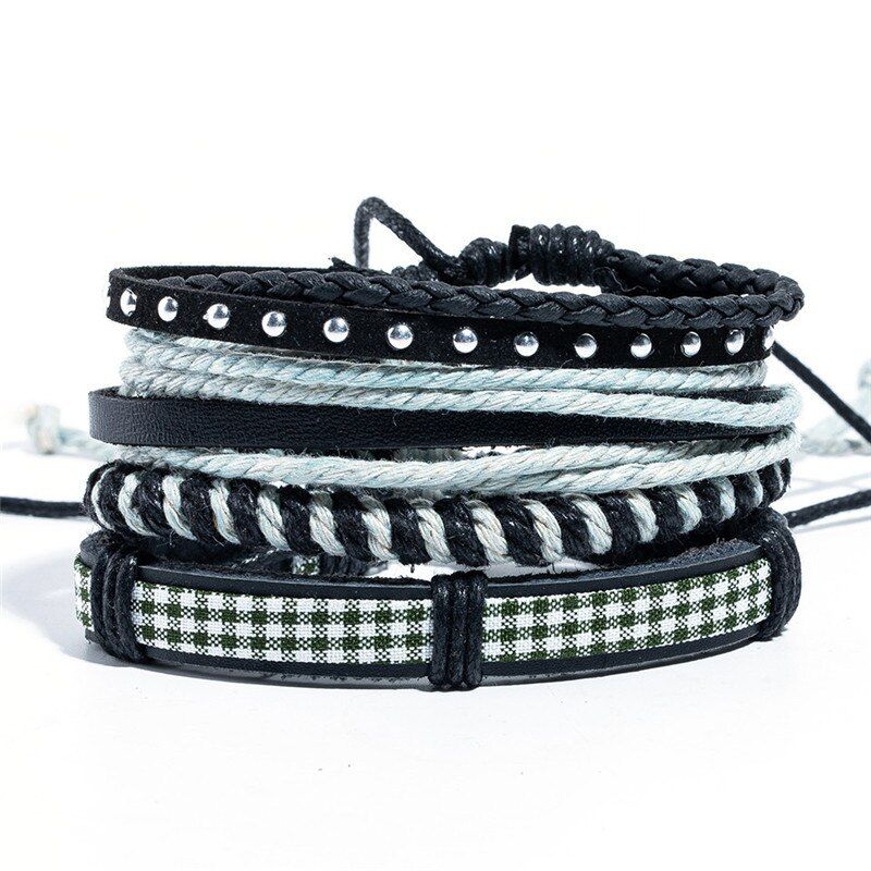BOHO Tibet Metal Stone Beads Multilayer Leather Bracelet Bangles Chain&Link Charms Bracelets for Men Vintage Punk Wrap Wristband