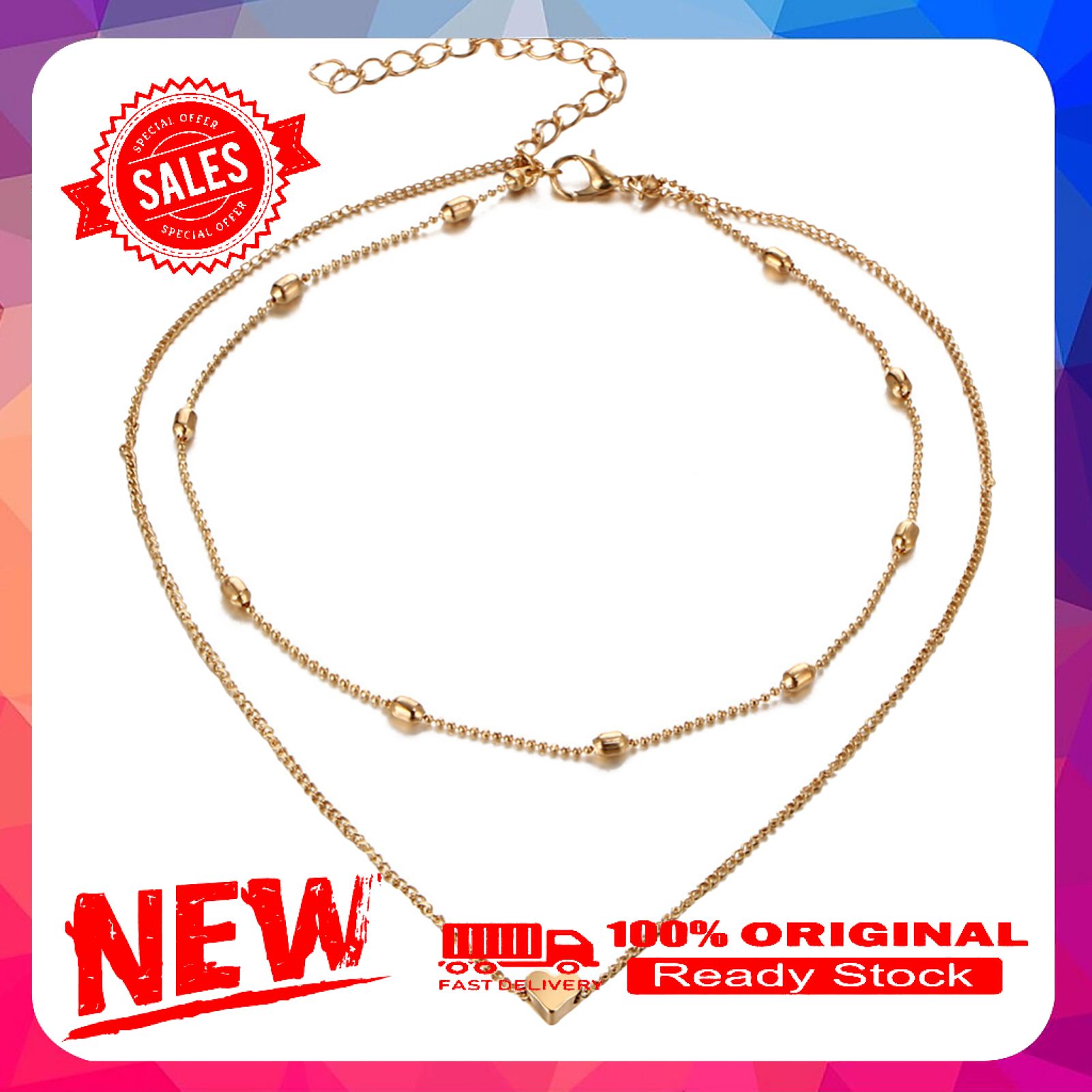 Fashion Multilayer Beads Heart Charm Choker Necklace Chain Women Party Jewelry