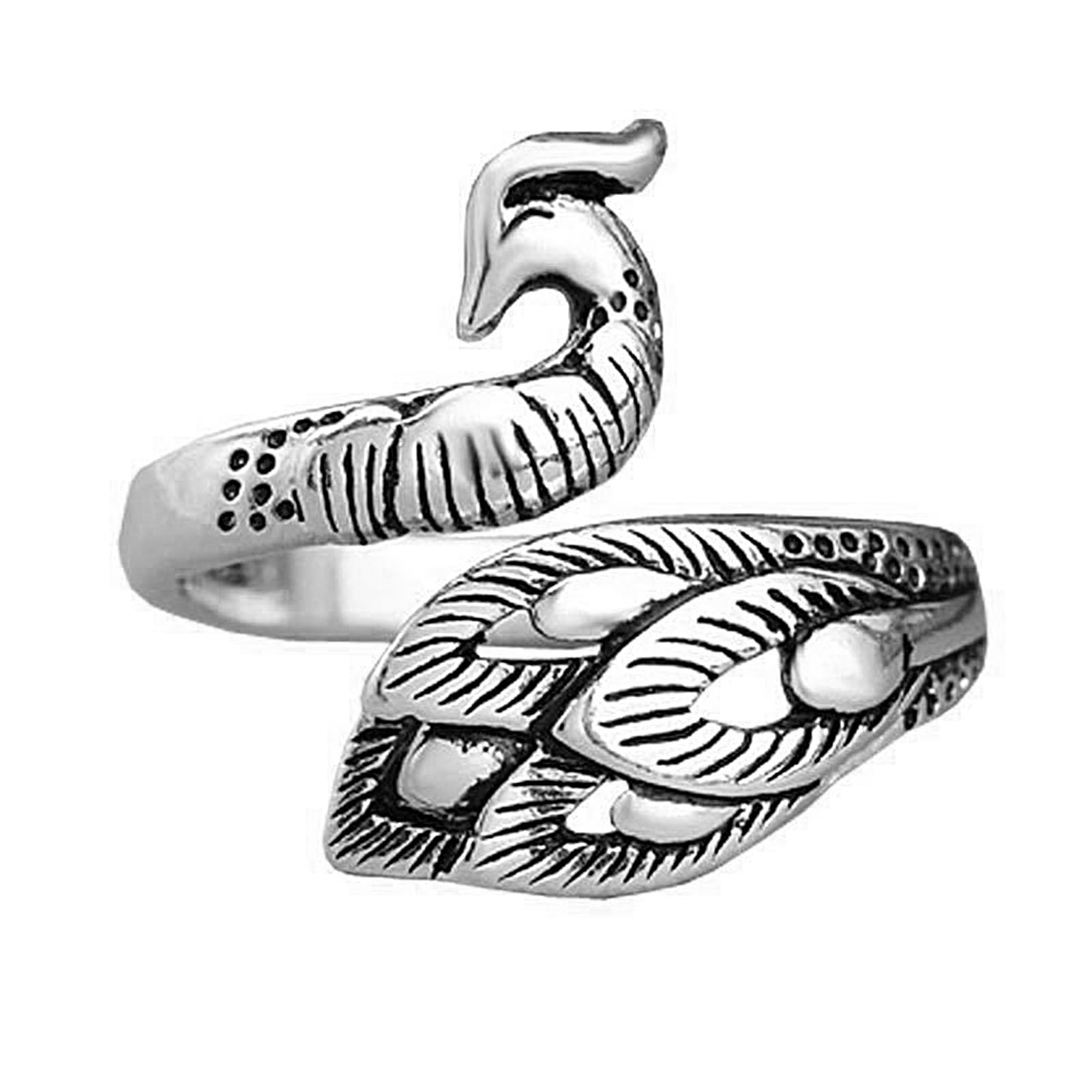 Retro Adjustable Open Silver Peacock Finger Braided Knitting Ring