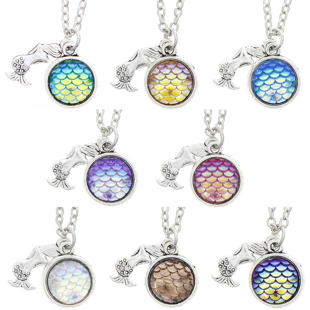 Fashion Holographic Fish Mermaid Scale Sequins Rainbow Pendant Chain Necklace Charm Statement Women Jewelry Gift