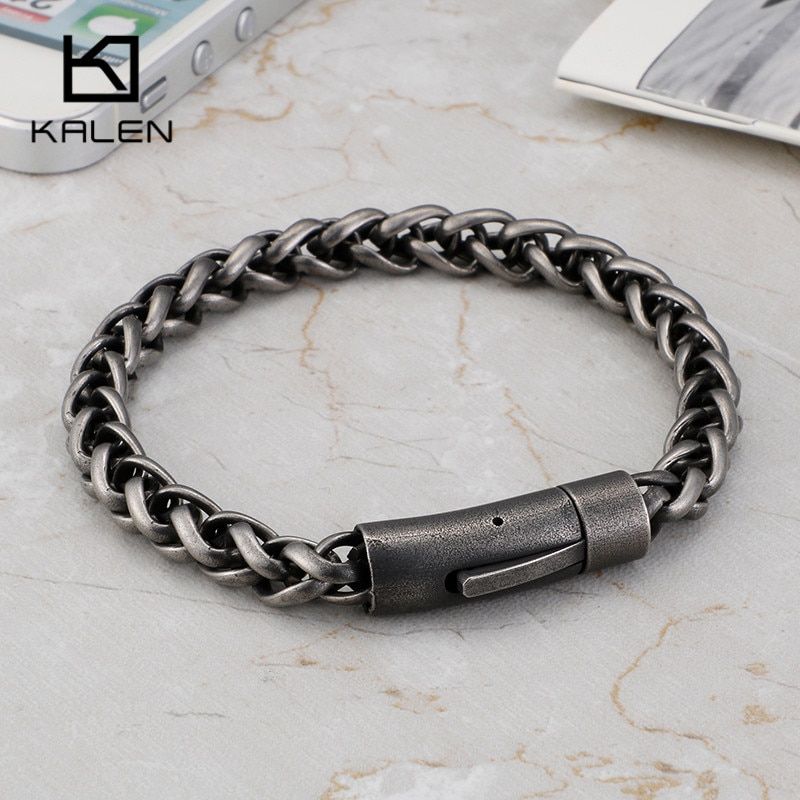 KALEN Brushed Linking Chain Bracelet Men Stainless Steel Indian GoldBlack Twisted Chain Punk Bracelet Jewelry