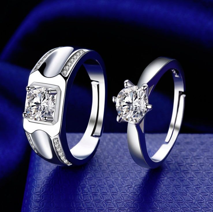 2pcs/Set Adjustable heart-shaped Silver plated Cubic Zirconia Crystal Love Couple Ring Men Women Couple Romantic Wedding Ring